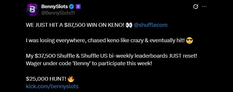 Twitter BennySlots 87K Shuffle Keno